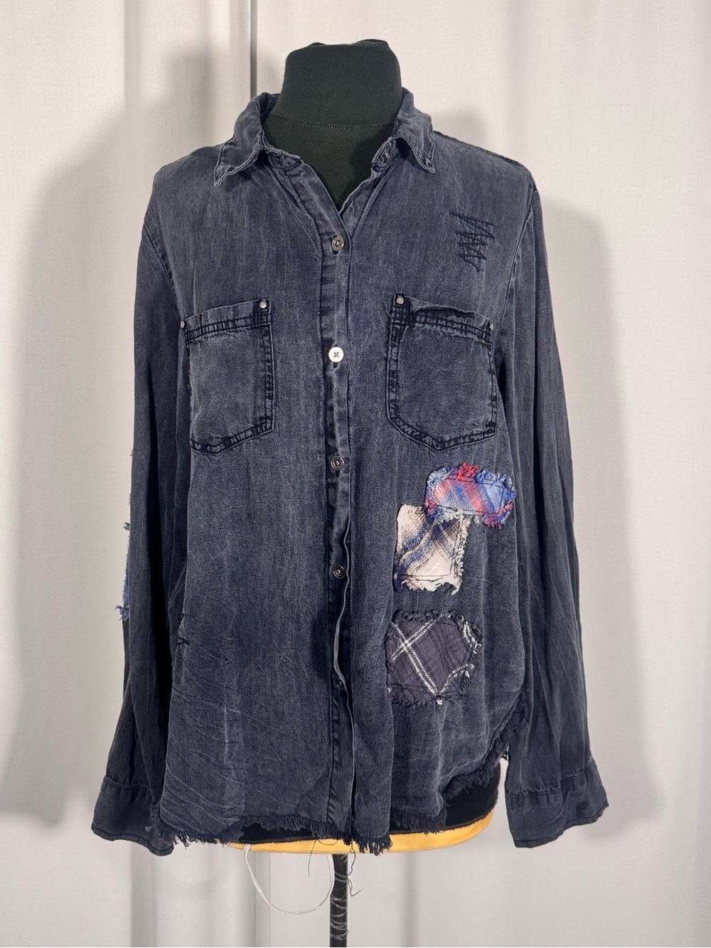 Vintage Havana Distressed Patchwork Button Up Blouse